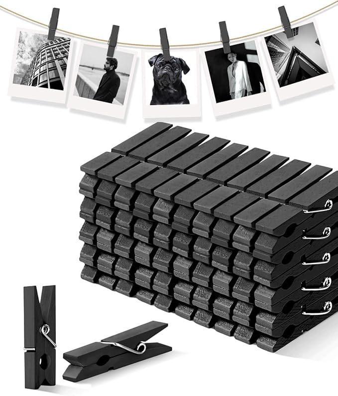 Mini Clothes Pins Wooden Colored Black Small Clothespins for Photo 1.4 Inch 50 PCS, Tiny Clips Close Pin for Baby Shower Classroom Crafts Project Decorations Hanging Pegs