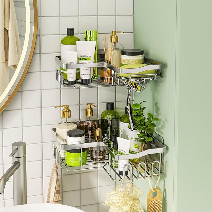 HapiRm Corner Shower Caddy with Shampoo Holder, Shower Organizer with 11 Hooks, No Drilling Rustproof Stainless Steel Bathroom Shelves - Silver (Only for 90 ° Right Angle)