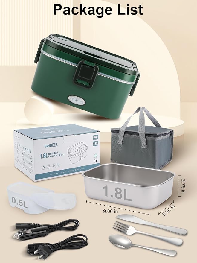 1.8L Heated Lunch Box, 80W Electric Lunch Box with Long-handled Utensils for Adults, 12V/24V/110V Lonchera Eléctrica Portátil, Portable Food Warmer for Car/Truck/Office (Green)