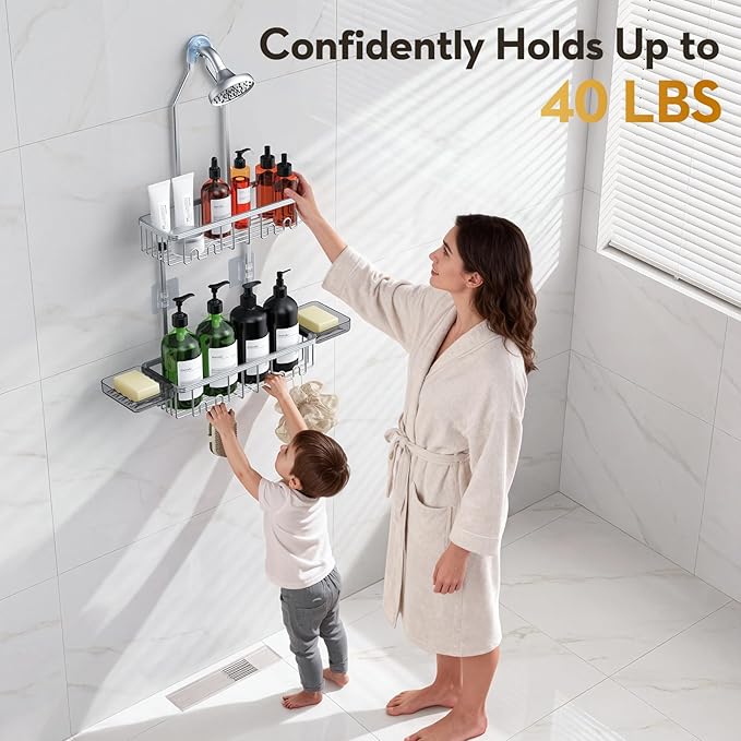 Shower Caddy Hanging, Shower Organizer Hanging, Aluminum Shower Racks for Inside Shower with Hooks for Razor, Never Rust Bathroom Organizers and Storage with Soap Holder, Bright Silver