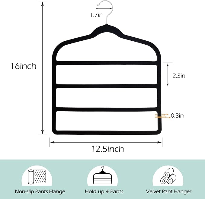Velvet Pant Clothes Hanger Space Saving Non Slip Shorts Hanger, Myfolrena Jeans Slack Trousers Hangers Multiple Velvet Hanger Closet Organizer Storage and Organization for Jeans,Scarf,Tie(Black,3)
