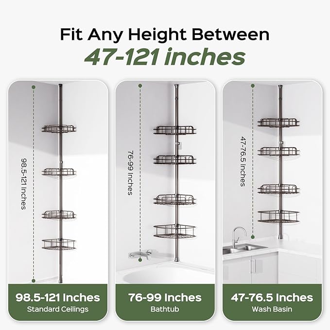 HAMITOR Shower Caddy Tension Pole: 4-Tier Rustproof Bathroom Corner Shelf Organizer for Renters - No Drill Large Shampoo Storage Rack Adjustable 47-121 Inch - Space Saving Bathtub Accessory - Bronze