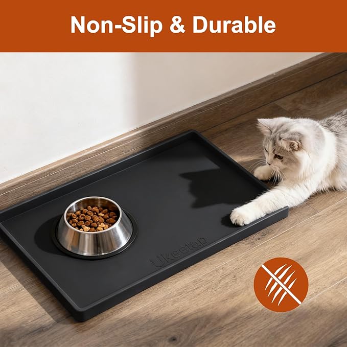 Extra Thick Silicone Mat Waterproof with Raised Edge 19” x 12”, BPA Free Non-Slip Dog & Cat Food Mat, Feeding Mat for Food and Water Bowls, Spill Proof Mat to Protect Floors, Black