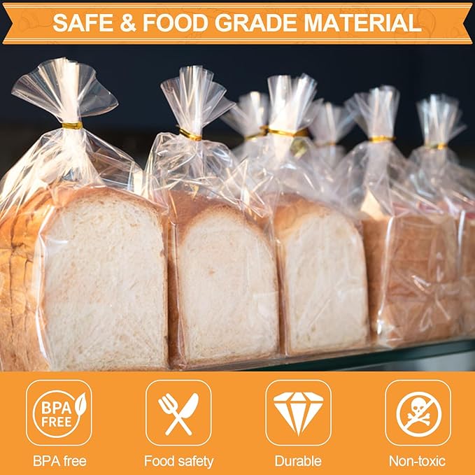 vivinin 70 Pack Bread Bags & 100 Pack Ties, 8" x 4" x 18" Clear Bread Bags for Homemade Bread, Reusable Plastic Bread Storage Bags for Bakers, Bakery Owners
