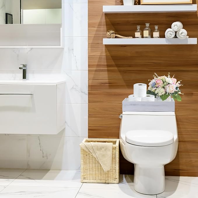 Toilet Tank Tray for Modern White Bathroom Decor Set of 2 Acacia Toilet Tank Topper Paper Storage Decorative Organizer Box Wood Vanity Tray for Counter Decor Dresser Tops (White)