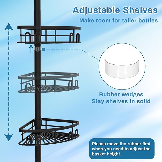 Rustproof Corner Shower Caddy Tension Pole, 4 Large Baskets for Bathtub Shampoo Storage Organizer Bathroom Height Adjustable Shelves from 23.6 to 114.5 Inch with Towel Bar