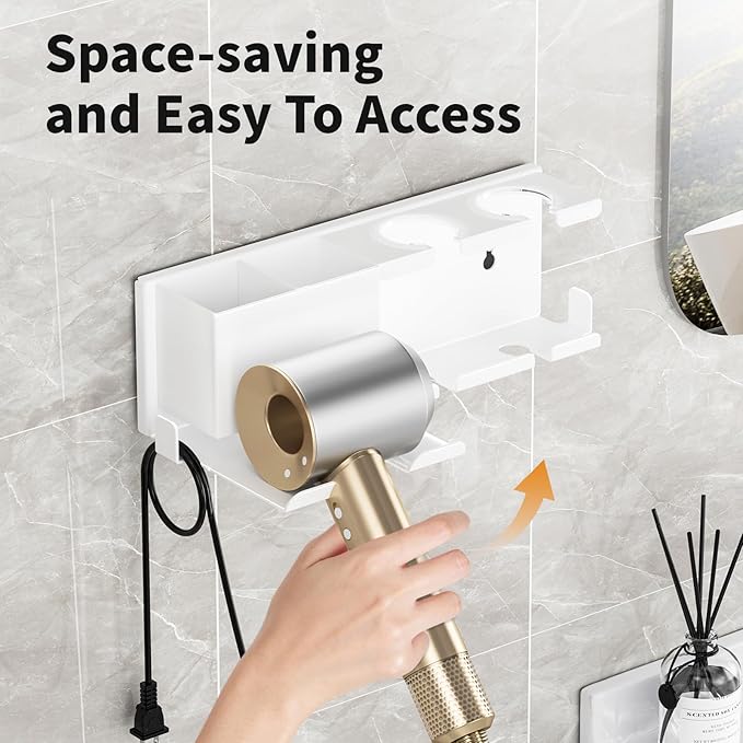 Hair Dryer Holder, Hair Tool Organizer, Blow Dryer Hanger Wall Mount for Dryer Hook, Bathroom Space-Saving Blow Dryer Organizer, Curling Irons Storage Wall Mounted White