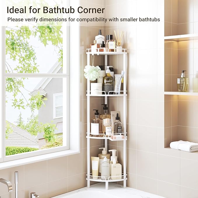 ELYKEN Corner Shower Caddy Standing, 4 Tier Rustproof Metal Shower Organizer with Soap Holder, Floor Shower Corner Shelf Rack Storage Stands with Adjustable Feet & 2 Hooks for Bathroom, White