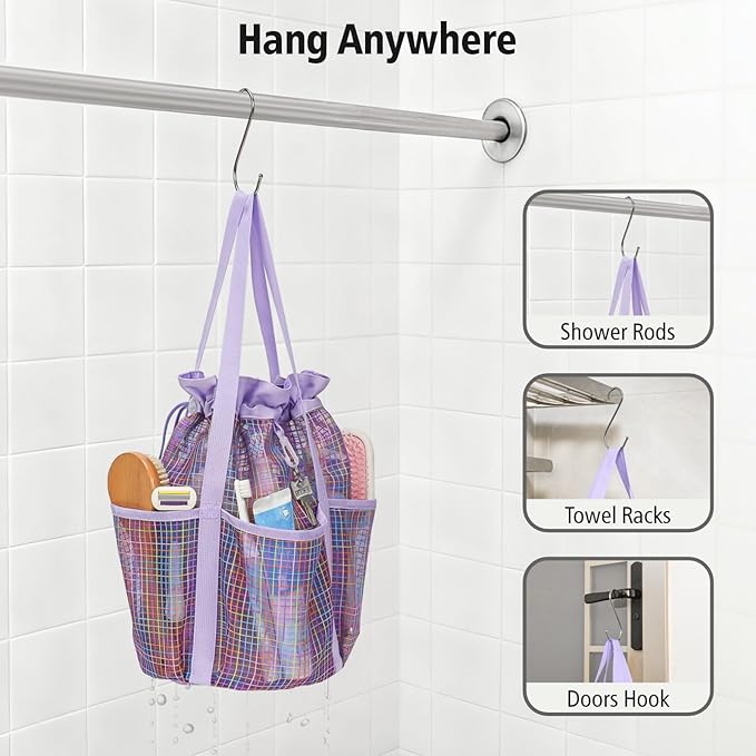 F-color Mesh Shower Caddy Portable with Drawstring - Tall 5 Pockets Dorm Room Essentials for Guys Girls with S Hook, Shower Bag Basket Tote for College Camping Travel Toiletry Bathroom, Purple Grid