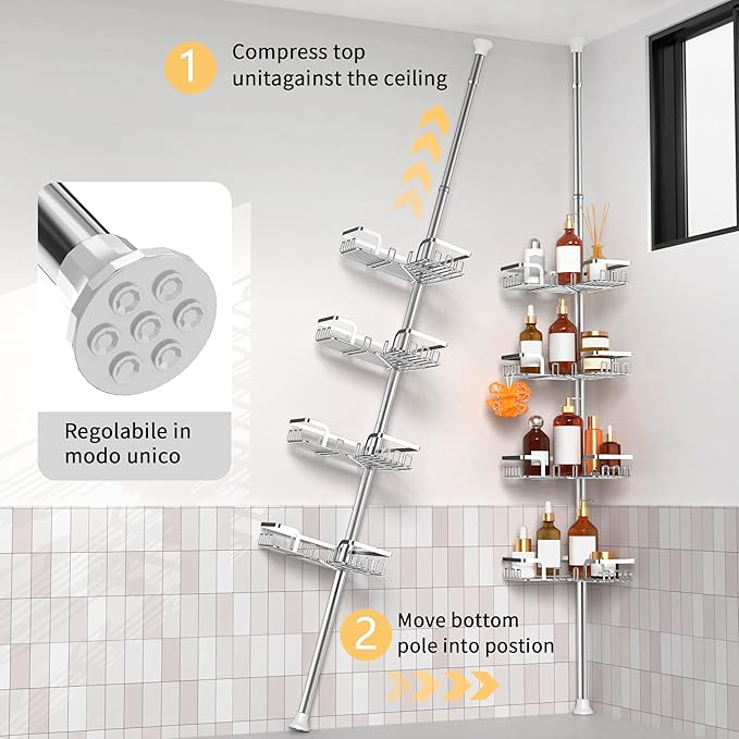 ZUNTO Shower Caddy Corner for Bathroom, Tension Pole, Adjustable 25in-114in Floor to Ceiling, Standing Shower Tension Rod Organizer, 4 Tier Bathroom Storage Shelves, Silver