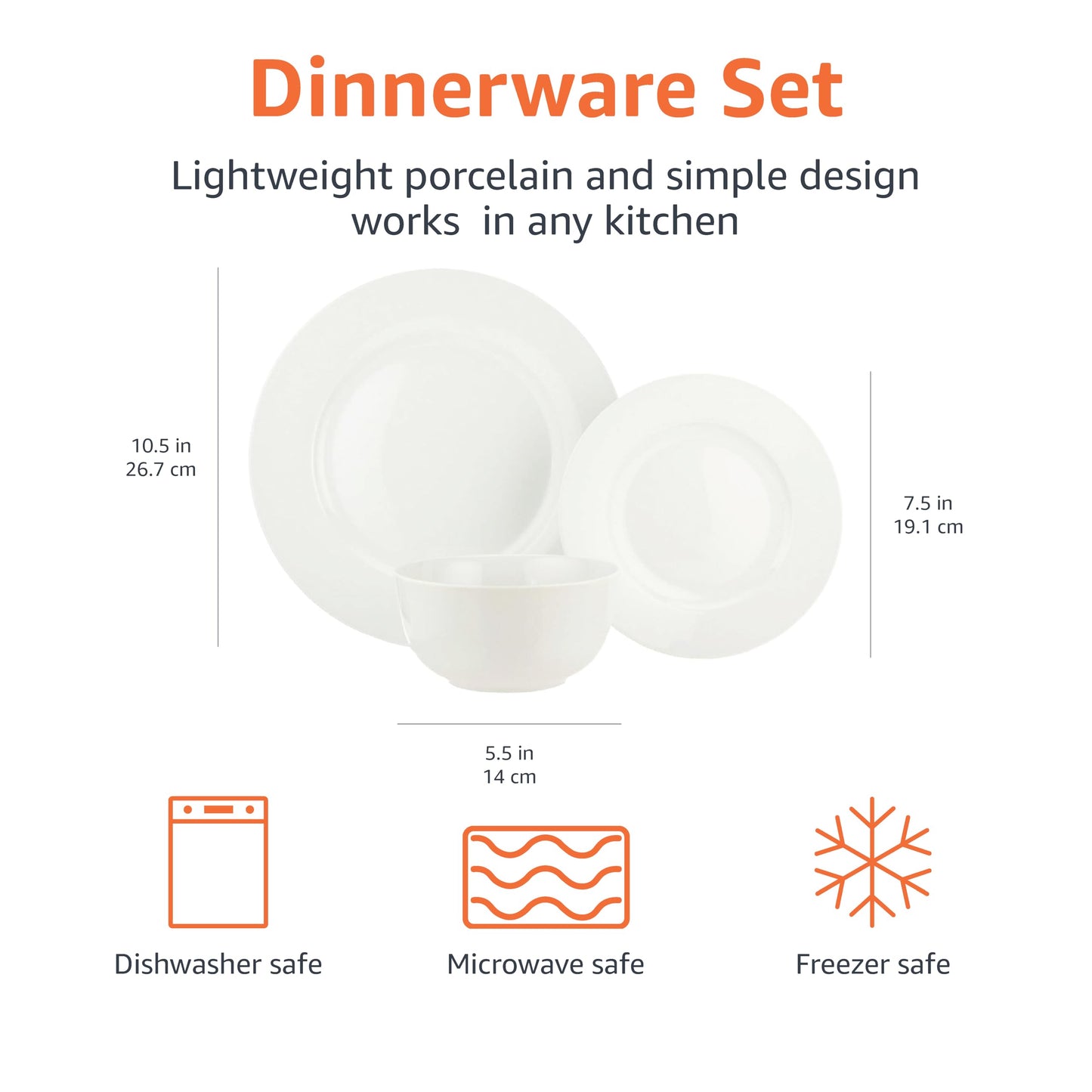 Amazon Basics Porcelain Dinnerware Set, Microwave and Dishwasher Safe, Service for 6, 18-Piece, Plates, Bowls, White