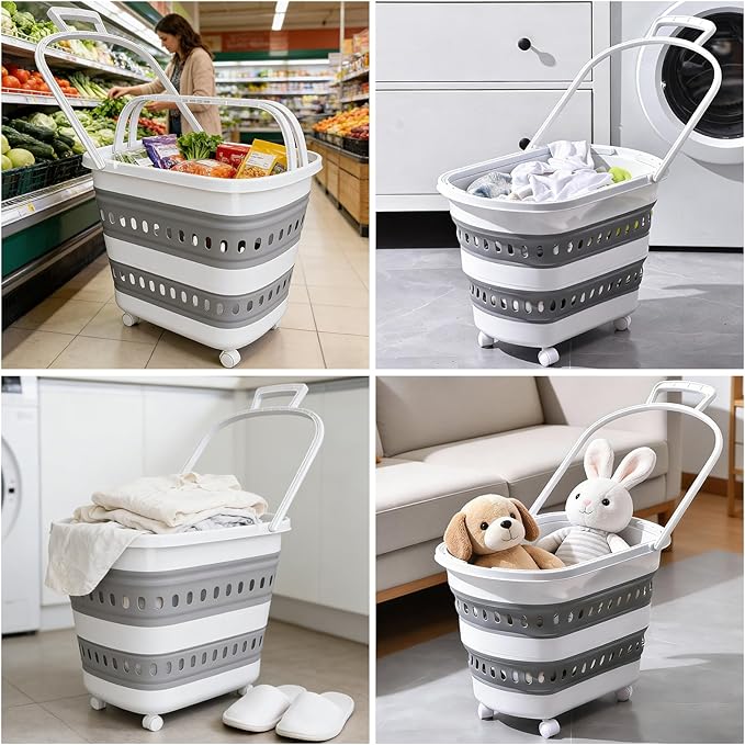 2 Pcs 50L Collapsible Plastic Laundry Basket Hamper with Wheels, Foldable Laundry Basket with Handles, Pop Up Storage Container Organizer for Washing Storage