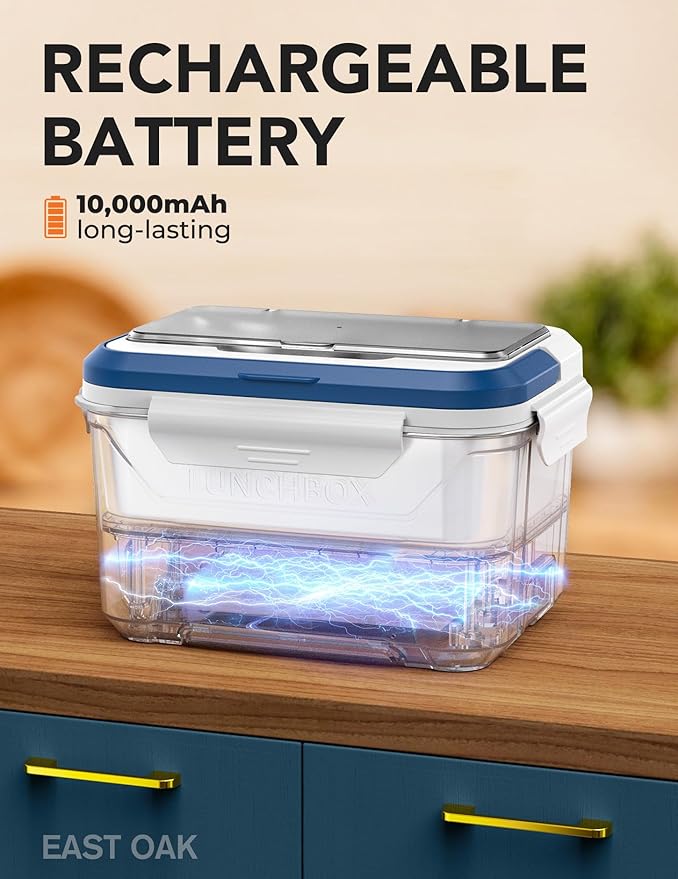 EAST OAK Cordless Electric Lunch Box for Adults, Heated Lunch Box Battery Powered with Automatic Heating, 5.5 Cups Portable Food Warmer with Removable Tray Divider