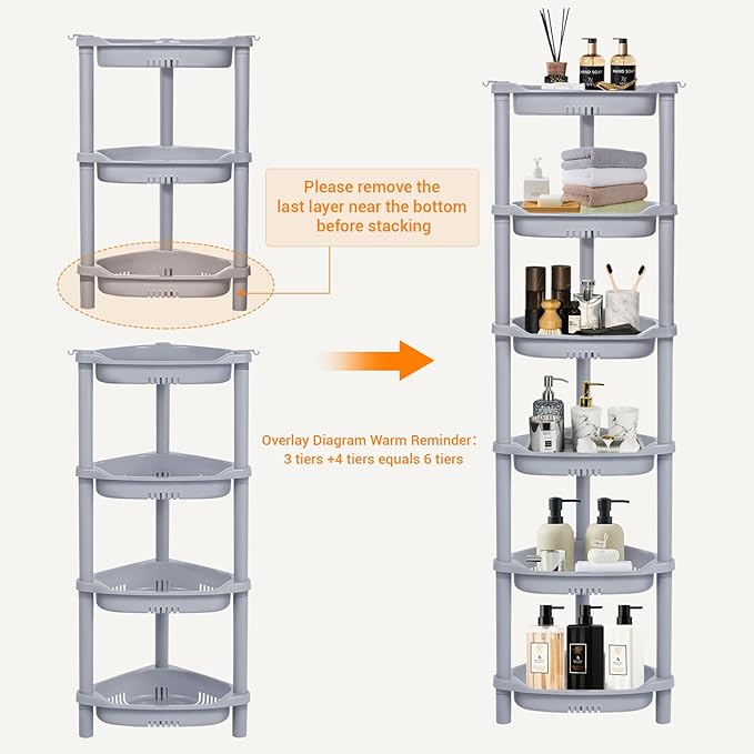 ELYKEN 4 Tier Shower Caddy Organizer Shelf Corner, 14.4 x 11.2 x 31.5 Inches, Rustproof, Plastic Shower Rack Stands for Inside Bathroom, Bathtub, Shower Pan, Grey