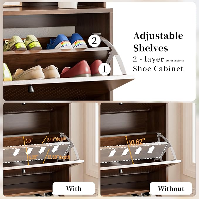 Shoe Cabinet for Entryway with 2 Flip Drawers & Coat Rack, Narrow Hidden Shoe Storage Cabinet with Fluted Panel, 2-in-1 Hall Tree Slim Freestanding Shoe Rack Organizer for Hallway, Walnut
