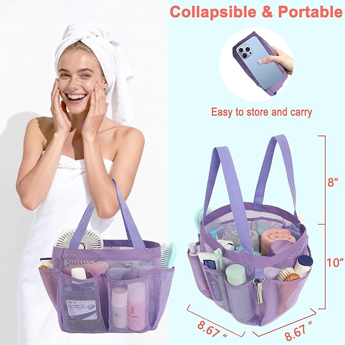 Mesh Shower Caddy Portable for College Dorm Room Essentials, 8-Pocket Large Shower Basket Tote Bag with 2 Handles for Toiletry, Bathroom, Beach, Camp, Gym