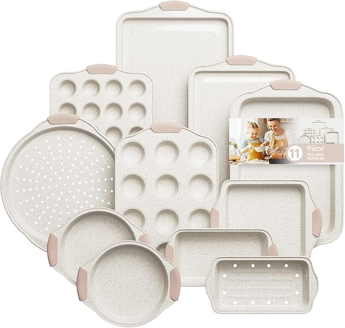 11-Piece Kitchen Nonstick Stackable Bakeware Set, Baking Pans Set, White