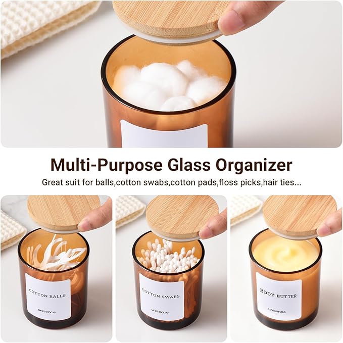 Glass Qtip Holder 2 Pack , Qtip Holder Dispenser Bathroom Set Bathroom Organizers and Storage Q tip Holder with Lid Makeup Storage Organizer for Cotton Swabs,Cotton Balls,Pads ,Amber