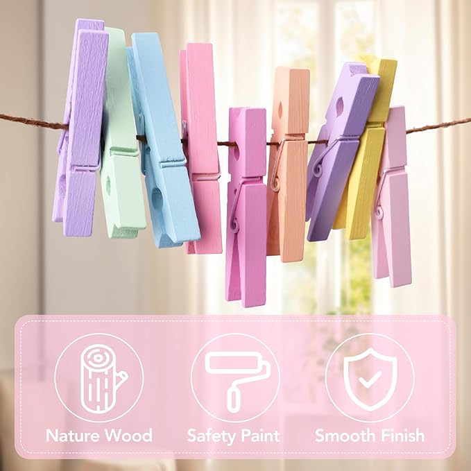 Colored Clothes Pins 72 Pack, Natural Wood 2.9 Inch, 9 Pastel Colors Cheer Pins for Hanging Clothes, Clothespins, Photo Clips with Rope, Hand Craft DIY Pins