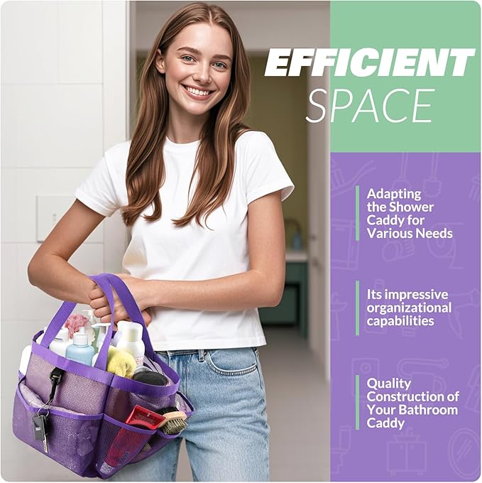 Mesh Shower Caddy Portable for College Dorm Room Essentials with 8 Pockets, Shower Bag for Beach, Swimming, Gym, Travel, Bathroom(All purple)