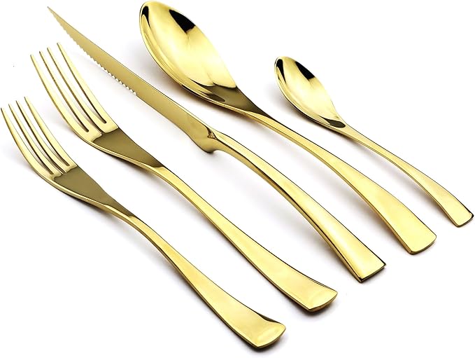 JANKNG 5-Piece 18/10 Stainless Steel Serrated Steak Knife Flatware Set, Mirror Polishing Gold, Service for 1