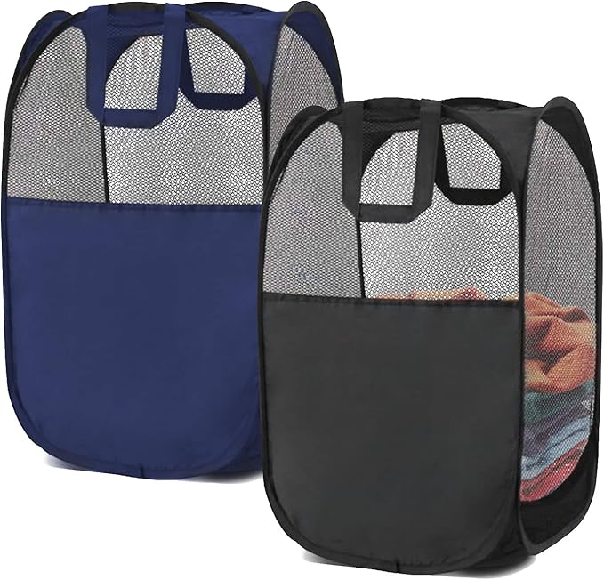 2 pop-up foldable mesh laundry baskets (each with 2 reinforced handles), black + blue…
