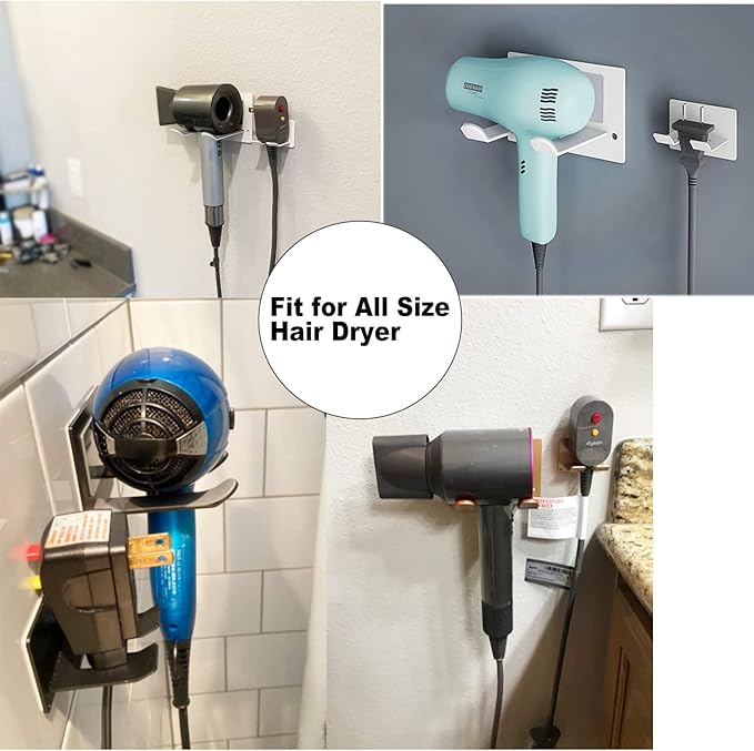 Self Adhesive Hair Dryer Holder Wall Mounted - Adhesive Bathroom Hair Blow Dryer Rack Organizer Compatible with Supersonic Hair Dryers (Black)