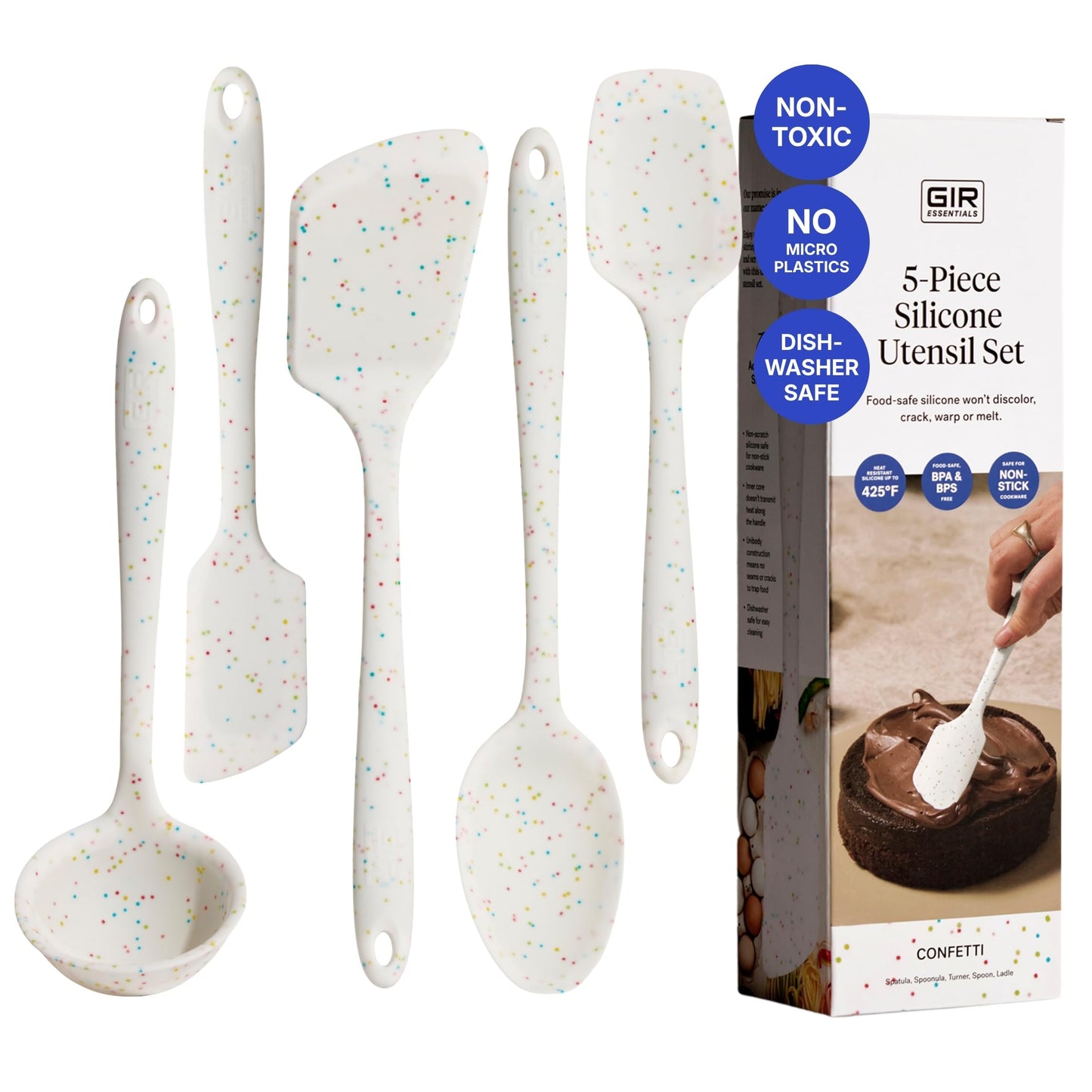 GIR 5-Piece Silicone Kitchen Utensils Set, Non-Toxic Cooking Utensils for Cooking and Baking, Heat Resistant, Food Grade, Dishwasher Safe Rubber Spatula, Ladle, Spoon - Party Confetti