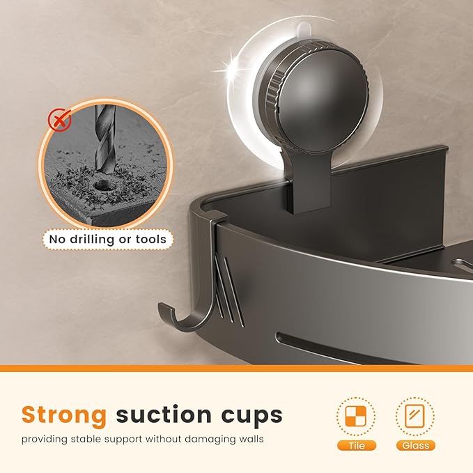 2-Tier Aluminum Suction Cup Corner Shower Caddy, Rustproof No Drilling Bathroom Corner Storage Shelf