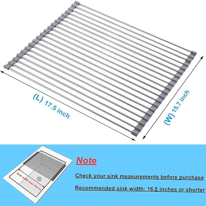 Seropy Roll Up Dish Drying Rack Over The Sink for RV Sink 17.5x15.7 in Kitchen Drying Rack Folding Dish Drainer Mat Rolling Dish Rack Foldable Rack Stainless Steel Wide Kitchen Dry Rack