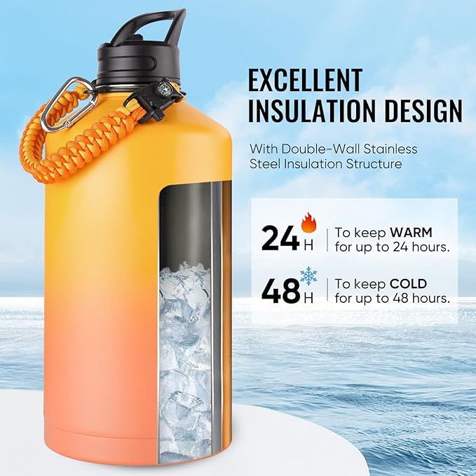 Gallon Water Bottle with 2 Lids (Straw & Spout), 304 Stainless Steel Water Jug with Handle and Wide Mouth, 1 Gallon Vacuum Double Walled Jug for Sports, Outdoors, Yellow&Orange 128 oz