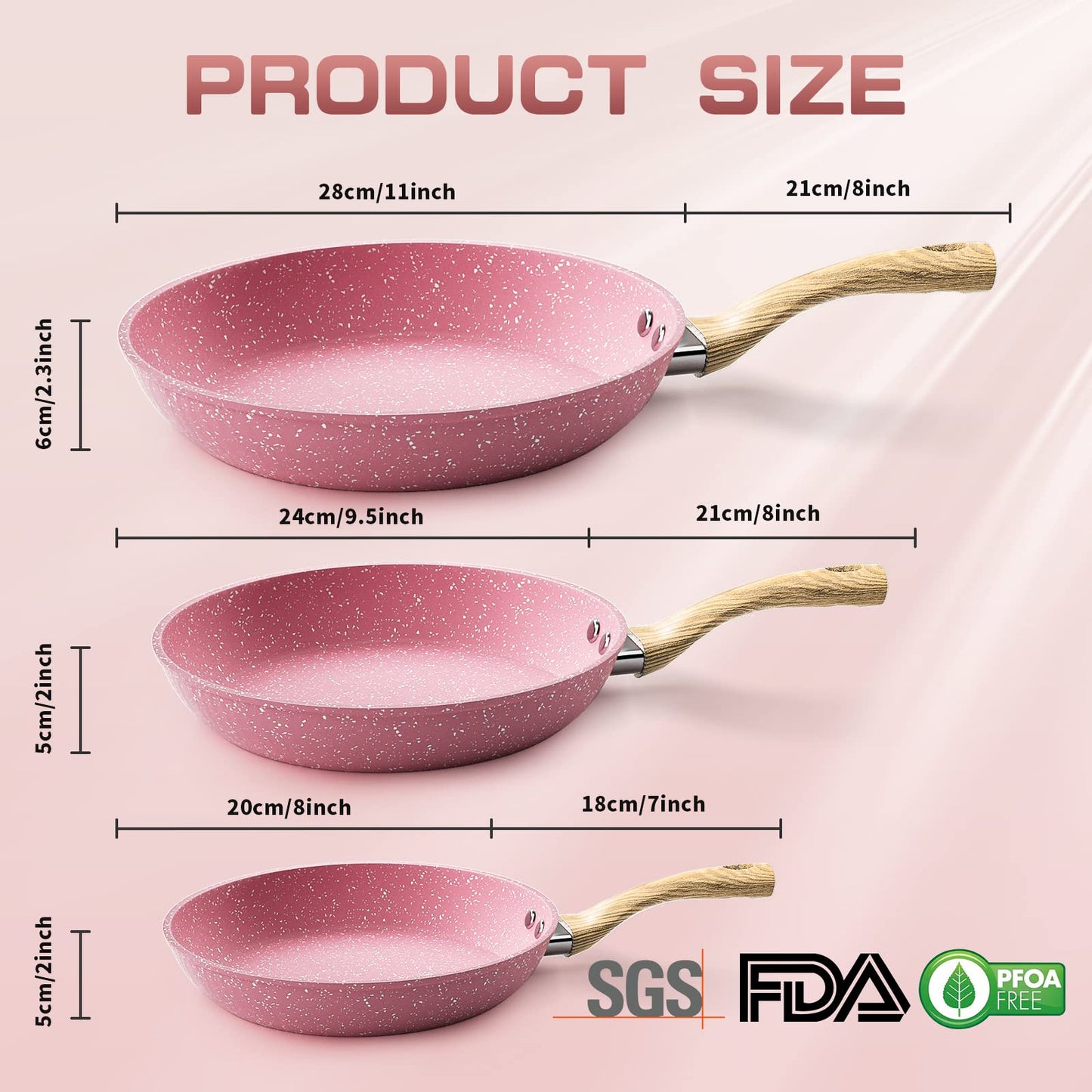 Frying Pan Nonstick Set, 8" & 9.5" & 11" Pink Egg Pan, Non Stick Fry Pan Set PFOA-Free Omelet Pan, Toxin-Free Skillets Stone Cookware, Anti-Warp Base with All Stove Tops Available,Induction Compatible