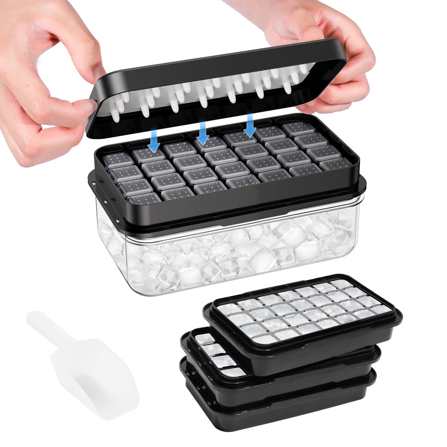 PHINOX Ice Cube Tray with Lid and Bin, Easy Release 56 Cubes for Freezer