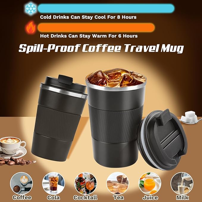 Vacuum-Insulated Stainless Steel Travel Coffee Mug, Leak-Proof Reusable Coffee Cup with Lid - Keep Hot & Cold Drinks for Hours, Durable Insulated Tumbler for Men & Women(3rd-Black, 17OZ)