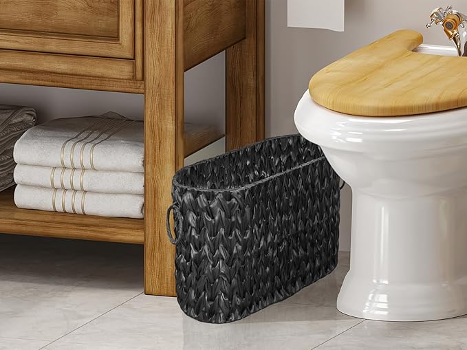 Black Toilet Paper Storage Basket,Large Free Standing Toilet Paper Organizer,Waterproof Narrow Wicker Basket for Bathroom,Under Sink,or Cabinet