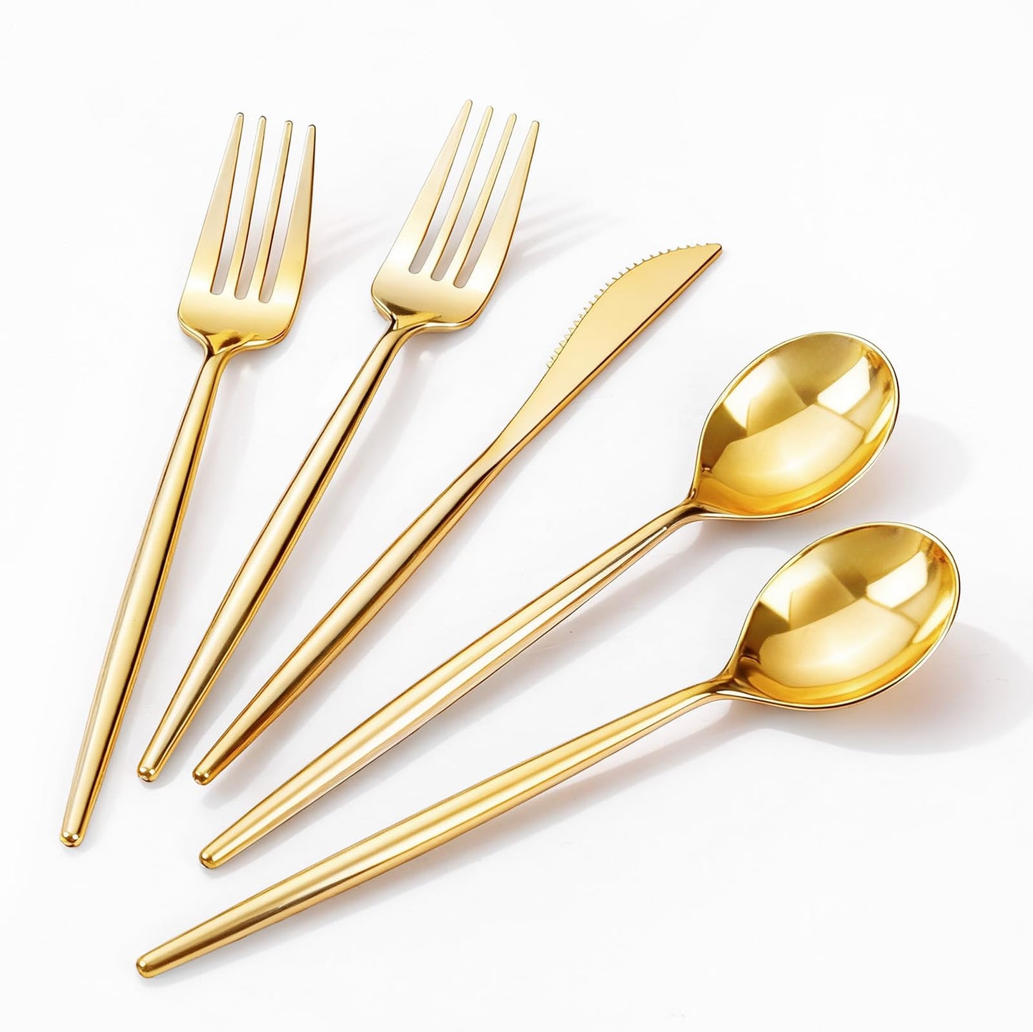 Rubtlamp 96Pcs Gold Plastic Silverware, Gold Plastic Utensils with White Handle, Gold Silverware Set Includes: 32 Knives, 32 Plastic Spoons And 32 Forks