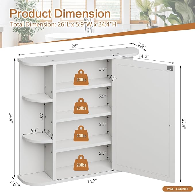 Meilocar Bathroom Medicine Cabinet, Bathroom Mirror Cabinet Wall Mounted with 6 Side Open Shelves, White Wall Cabinet with Mirror, White