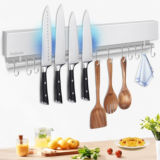Pailexin 20 inch magnetic knife holder with 10 hooks, no drilling knife magnetic strip, and utensil hanger for wall. Powerful knife magnet rack includes tape and screw