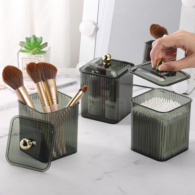 Tbestmax 3 Pack Qtip Holder Dispenser Clear Bathroom Organizer Jar Cotton Swab/Pad/Ball Holder Container Cosmetics Storage for Vanity(Green)