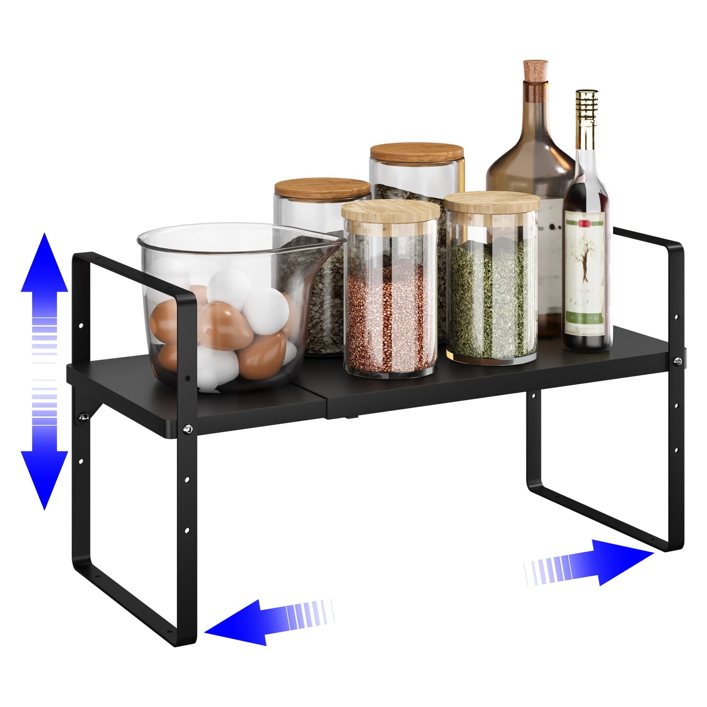 KIKIBRO Expandable Cabinet Shelf Organizer, Stackable Kitchen Pantry Counter Storage, Adjustable Closet Cupboard Stand Rack Risers Spice Organization 80LBS Heavy Duty Black Large 2 Pack