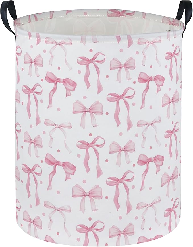 Girls Laundry Basket Pink Hamper for Nursery Bowkont Hamper Cute Kids Storage Bin Organizer Room Decor for Home(Pink bowkont)