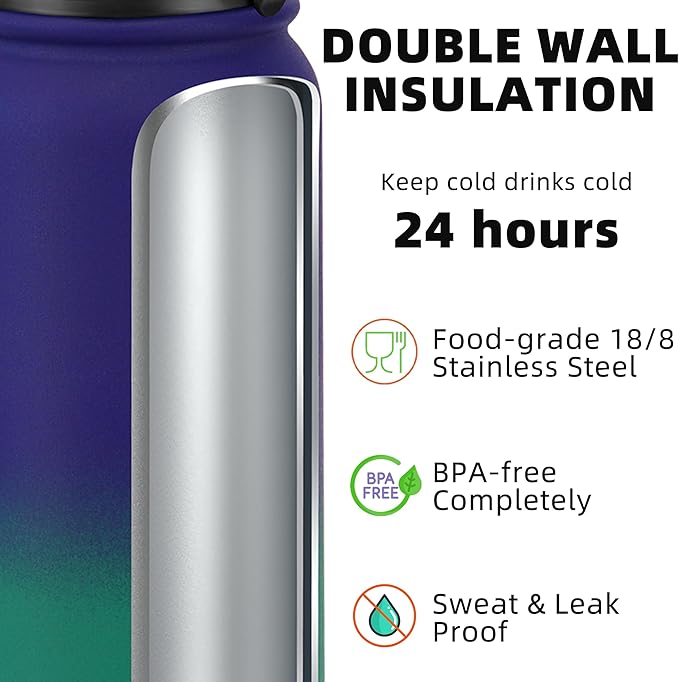 Fanhaw 24 oz Insulated Stainless Steel Water Bottle with Anti-Dust Chug Lid, Leakproof Vacuum Metal Bottle for Kids, Women & Men (Purple Green)