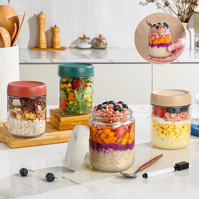 DIMBRAH Overnight Oats Containers with Lids,16oz Glass Jars with Lids - Set Of 4, Practical Oatmeal Container to Go, Chia Seed Pudding Jars, Baby Food Containers