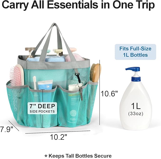 F-color Mesh Shower Caddy Portable with Dividers - Upgrade Deeper 7 Pockets Dorm Room Essentials with S Hook, Shower Bag Basket Tote for Guys Girls College Camping Toiletry Bathroom, Mint Green