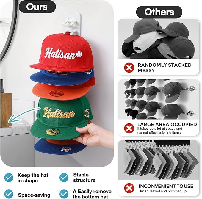 2 Pack Hat Organizer for Baseball Caps, Detachable DIY Hat Rack for Wall Hat Holder Hold up to 22 Hats, Baseball Cap Organizer Cap Holder Hat Hangers for Wall Closet Door Bedroom (C-White)