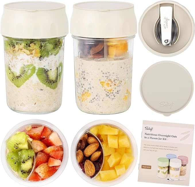 SOLIGT Overnight Oats Containers with Lids, Folding Spoons and Divided Compartment for Fruit & Nuts, Small Glass 16oz Mason Jars for Oatmeal Yogurt Parfait (2 Set-Smoke Gray/Oat White)