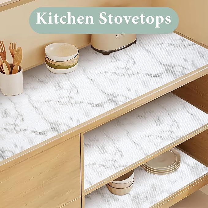 Drawer and Shelf Liner for Kitchen Cabinet: 23.6 in X 40 Ft Non Slip Waterproof Shelf Paper Non Adhesive Refrigerator Liners White Marble Easy Liners for Bathroom with Knife Tape Measure