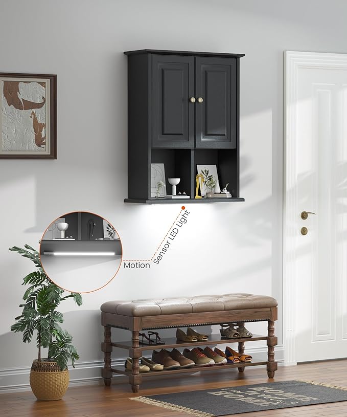 HAIOOU Bathroom Wall Cabinet with Motion Sensor LED Light, Wooden Medicine Cabinet Wall Mounted Cupboard, Over Toilet Storage Cabinet with Buffering Hinges and Adjustable Shelf - Black