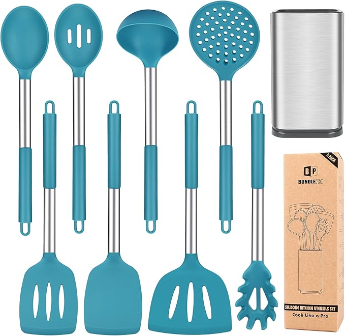 Silicone Cooking Utensils Set, 8 Pcs Kitchen Utensils with Holder, Red