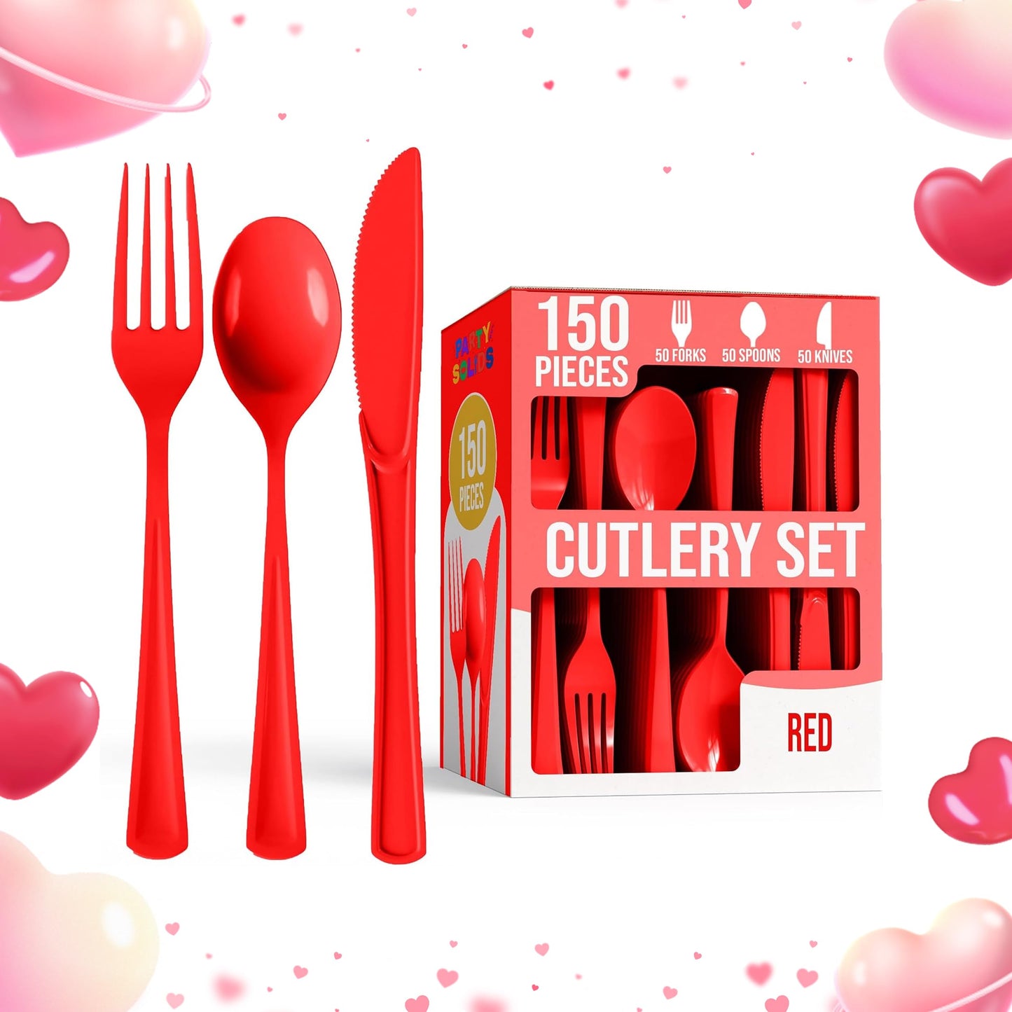 Party Solids Red Plastic Silverware 150 Pcs Red Cutlery Set